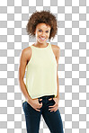 Portrait, casual and black woman happy and confident space. Woman, relax and standing on mockup, cheerful and smile, carefree and young while posing isolated on a png background