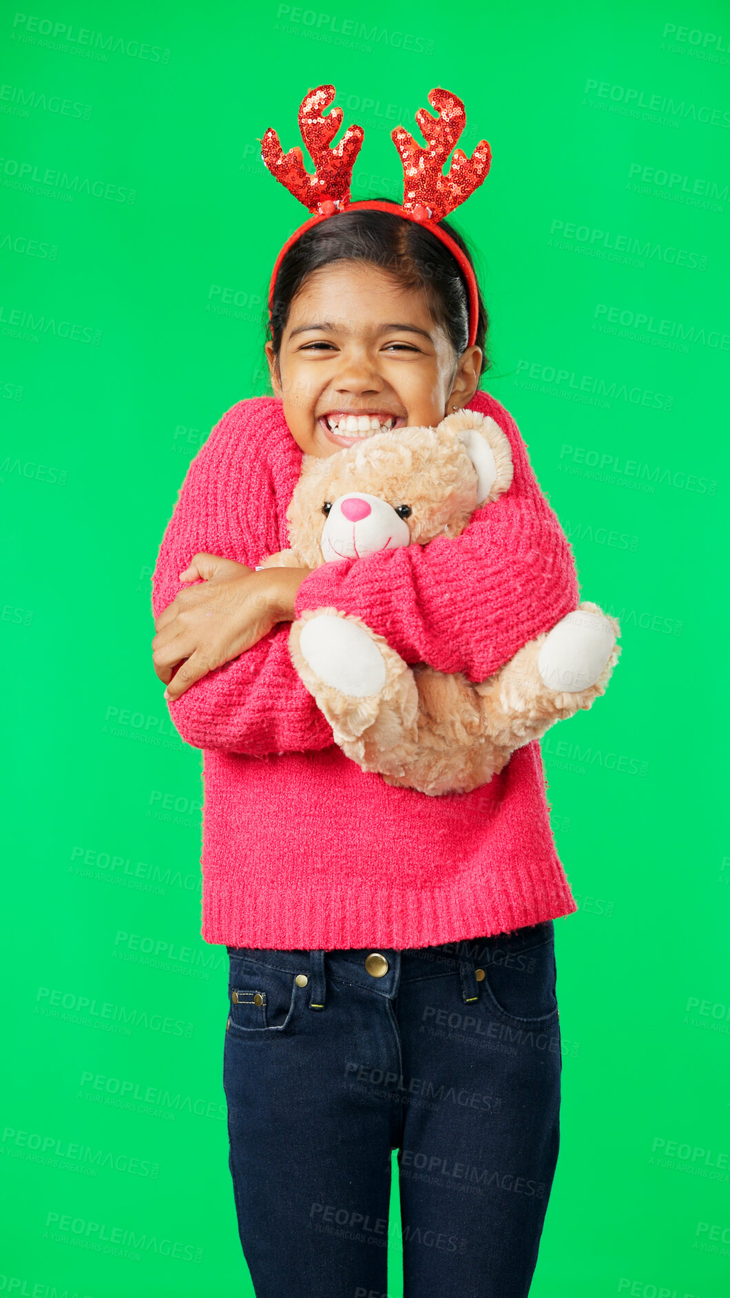 Buy stock photo Christmas teddy bear, green screen portrait and happy child excited for festive holiday, celebration or present. Happiness, gift and young girl, youth or kid hug stuffed animal on studio background