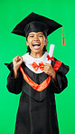 Graduation, education and excited child on green screen for graduate, academy ceremony and award. Primary school, student and portrait of young girl with knowledge, achievement and success in studio