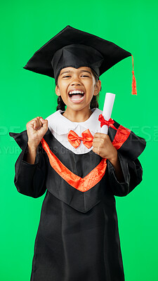 Buy stock photo Graduation, portrait and excited child on green screen for education, learning or celebrate award on studio background. Happy girl kid, school student and certificate of achievement, fist and success