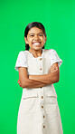 Happy, face and child in studio with green screen standing with crossed arms for confidence. Happiness, smile and portrait of girl kid model with cute and adorable expression by chroma key background