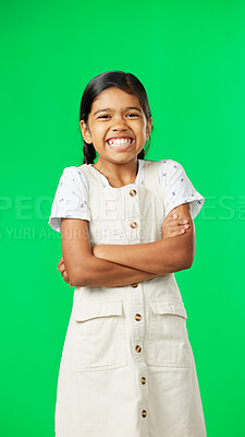 Buy stock photo Happy, child and portrait with arms crossed on green screen, background or studio with fashion model or mock up. Face, smile and girl with happiness and confidence in clothes or pride in style