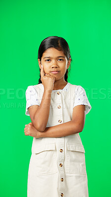 Buy stock photo Thinking, idea and portrait of child on green screen background with mockup space for choice. Mockup space, advertising and young girl in studio for brainstorming planning, option and decision