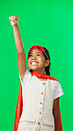 Costume, face and child in a studio with green screen doing a superhero pose and outfit. Happy, smile and portrait of a girl kid from Mexico in cosplay clothes by a chroma key background with mockup.