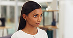 Woman at a computer, writing an email or blog at a desk in the office. Technology, communication and success, girl at startup networking online. Worker doing an internet search for ecommerce company.