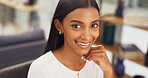 Portrait, smile and happy Indian student typing an email proposal for a university application online. Girl, smiling and young woman busy working on a college scholarship letter to study on campus