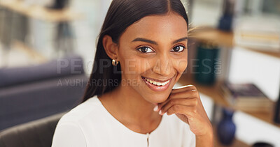 Portrait, smile and happy Indian student typing an email proposal for a university application online. Girl, smiling and young woman busy working on a college scholarship letter to study on campus