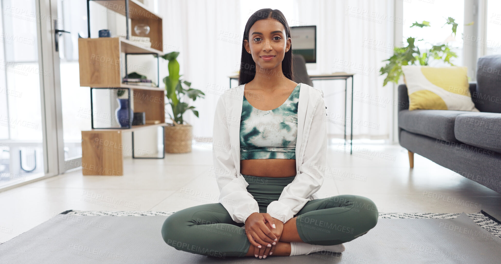 Buy stock photo Yoga, fitness and wellness with a woman portrait with a smile in her home for health and care. Healthy, zen and meditation with a young female person sitting on a gym mat on the living room floor