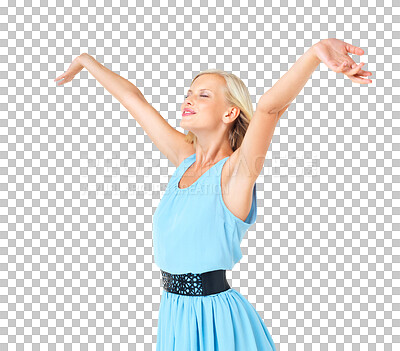 Buy stock photo Happiness, woman and opening arms for freedom, peace and happy with morning. Stretching, girl and carefree, calm and joyful with gesture for celebration isolated on a transparent png background