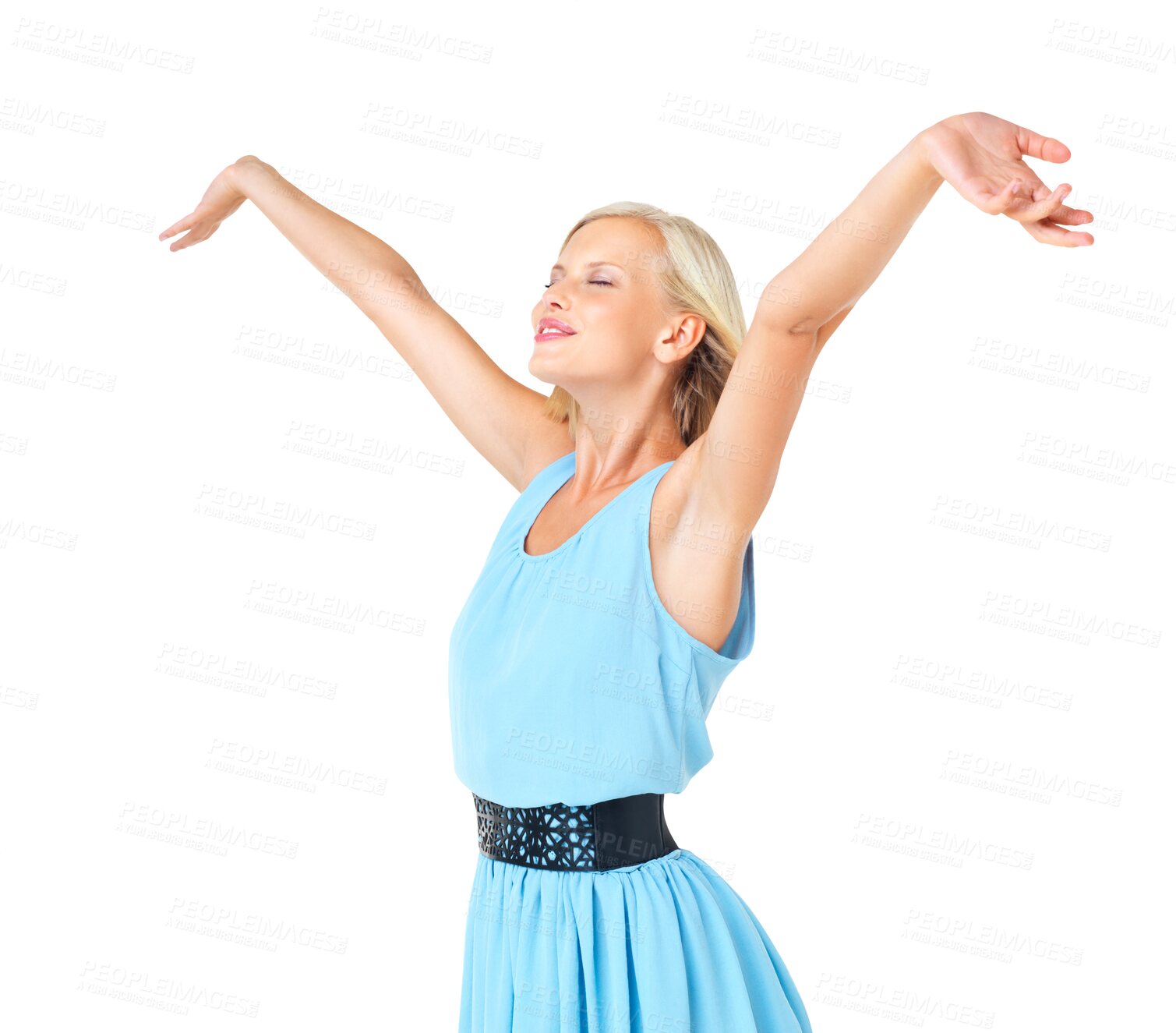 Buy stock photo Happiness, woman and opening arms for freedom, peace and happy with morning. Stretching, girl and carefree, calm and joyful with gesture for celebration isolated on a transparent png background