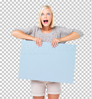 Buy stock photo Surprise, portrait and woman with mockup board isolated on a transparent png background. Wow, poster and shocked person with marketing, product placement or advertising for promotion or copy space.