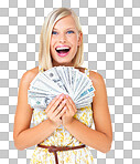 Excited, money and woman cash prize winner surprised, wow and deal. Rich, euro and portrait of wealthy female with lottery win for financial freedom isolated on a png background