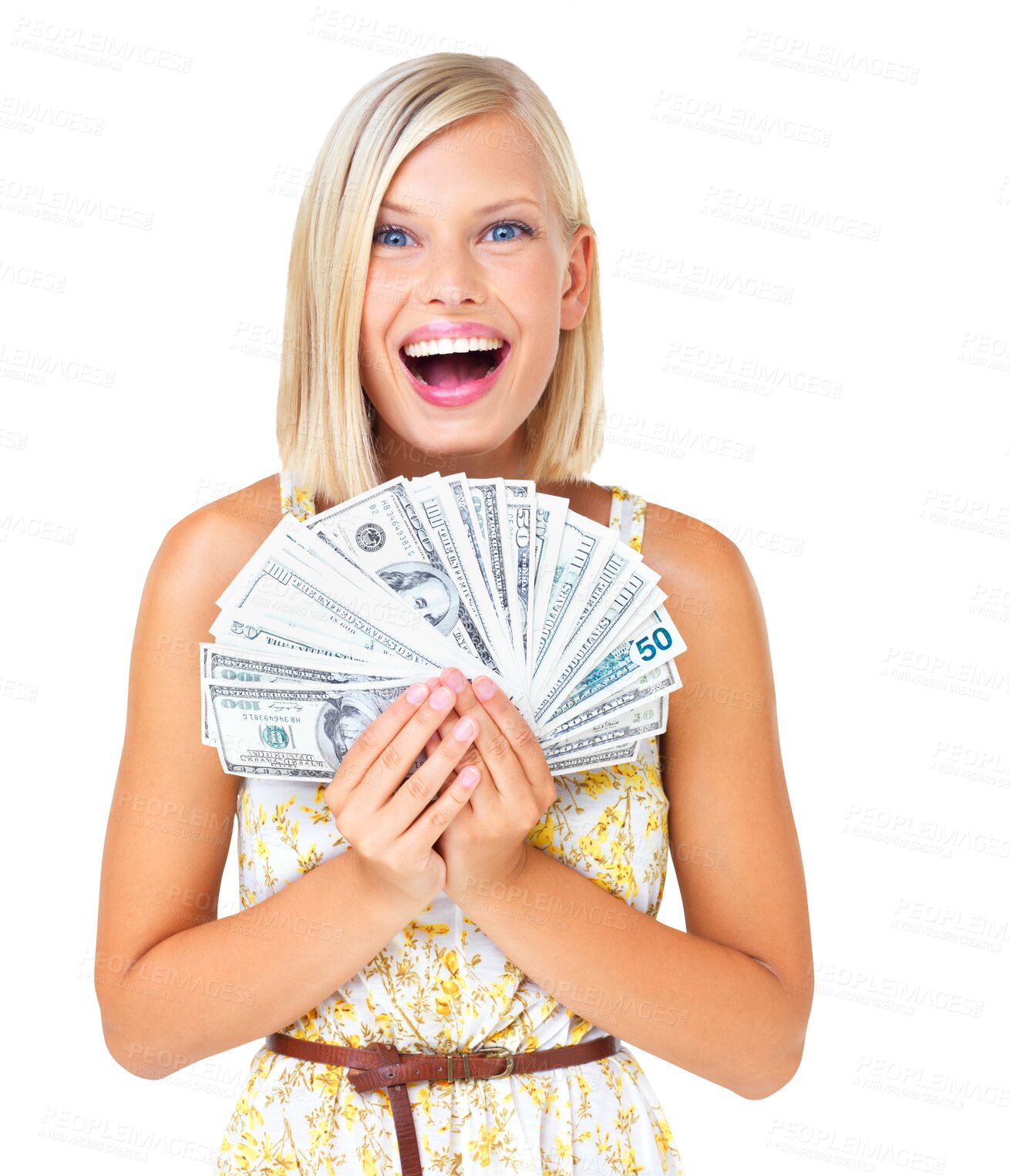 Buy stock photo Woman, wow and money or cash in hands for prize or reward isolated on png, transparent background. Female surprise with dollar bills for currency, economy and lottery competition win or bonus profit
