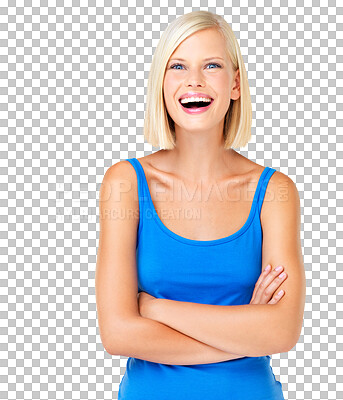 Buy stock photo Woman in portrait, laughing and happy with arms crossed, positive mindset isolated on transparent, png background. Young female is confident, laugh at funny joke with comedy, carefree and happiness