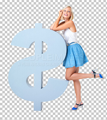 Buy stock photo Woman, dollar sign and happy portrait for investment growth isolated on png, transparent background. Female model with a icon or symbol for profit, economy and lottery competition or money bonus win