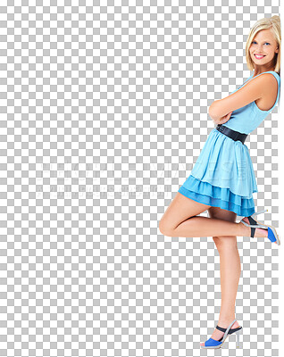 Beauty, fashion and portrait of a woman leaning against wall with mockup in a studio. Smile, happiness of a model feeling happy and relax standing with mock up isolated on a png background