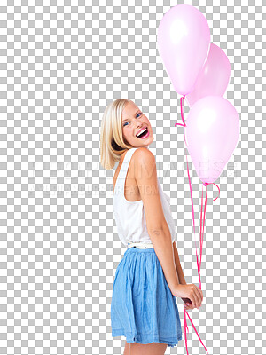 Buy stock photo Balloons, smile and portrait of woman for happy valentines day, birthday and isolated on transparent png background. Female, party and excited celebration with balloon of anniversary, gift or present