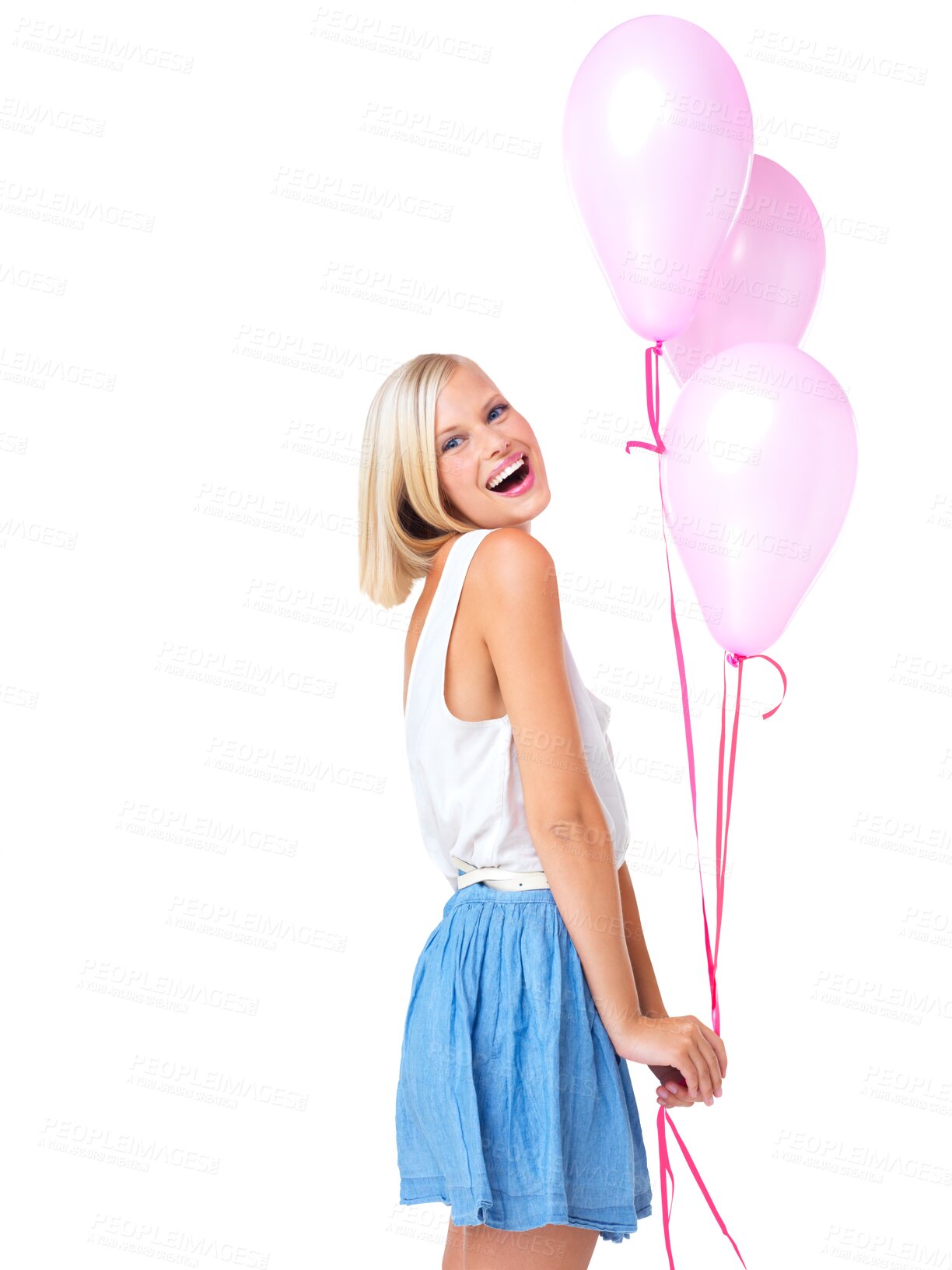 Buy stock photo Balloons, smile and portrait of woman for happy valentines day, birthday and isolated on transparent png background. Female, party and excited celebration with balloon of anniversary, gift or present