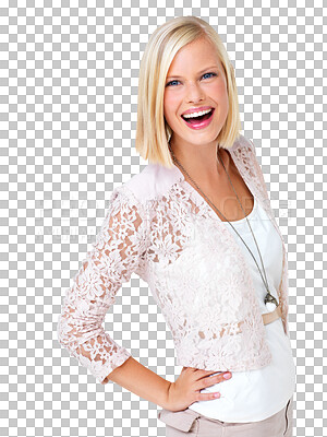 Buy stock photo Portrait, confident laugh and woman with fashion, style and beauty smiling. Happiness, excited and young female model happy with positive smile and laughing isolated on a transparent, png background