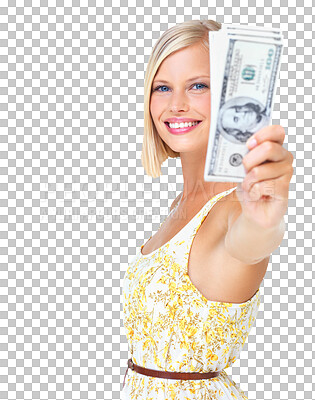 Buy stock photo Woman, happy and portrait with money or cash in hands for prize isolated on a png, transparent background. Female show dollar bills for currency, economy and lottery competition reward or bonus win
