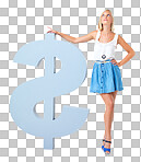 Money, woman holding dollar sign thinking and investment profit, startup finance loan. Cash profit, budget and economic success and financial freedom in studio looking up isolated on a png background