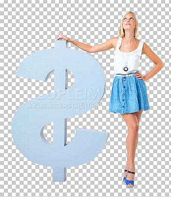 Buy stock photo Woman, dollars and thinking of investment growth isolated on png, transparent background. Female model with a icon or symbol for profit, economy choice and lottery competition or savings money sign