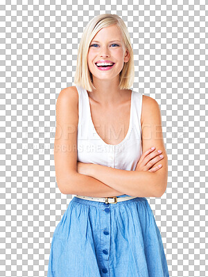 Buy stock photo Happy woman, portrait and arms crossed with fashion style isolated on a transparent, png background. Beauty, happiness and fun of young model feeling confident with female trend and funny joke