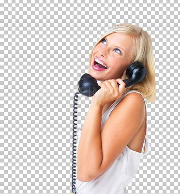 Buy stock photo Telephone, phone call and happy woman in studio, communication and speaking on isolated, transparent and png background. Smile, good news and girl talking on landline, conversation and thought