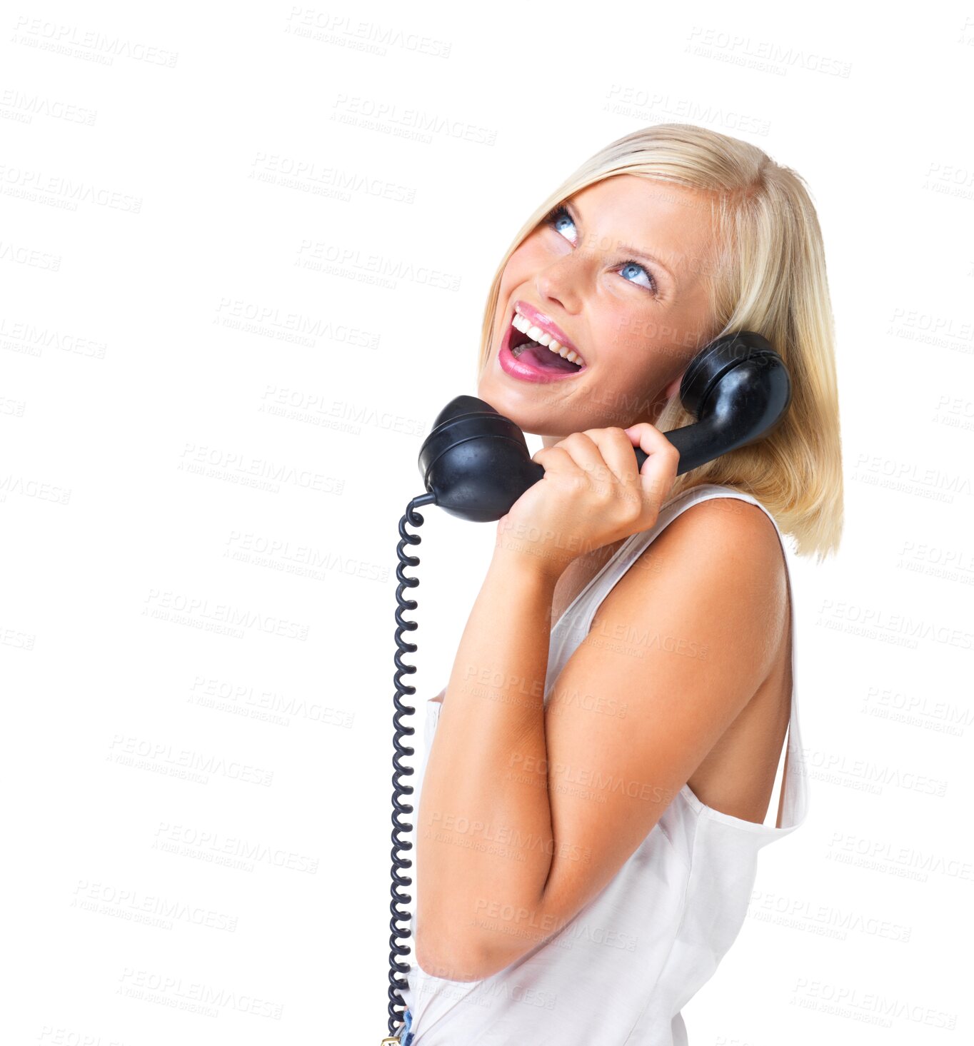 Buy stock photo Telephone, phone call and happy woman in studio, communication and speaking on isolated, transparent and png background. Smile, good news and girl talking on landline, conversation and thought