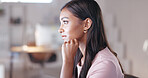 Digital editor reading the latest report on a computer, feeling confident with the result and nodding. Happy business woman typing and sending an email, looking satisfied with the positive feedback