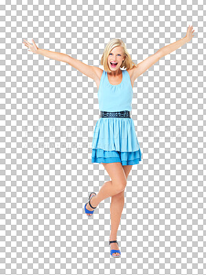 Isolated, happy and wow with portrait of woman and mockup for celebration, motivation and success. Freedom, smile and goals with girl for party, confident and energy isolated on a png background