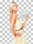 Confident, rich and portrait of a woman with money. Finance, wealth and girl fanning herself with cash after winning the lottery and showing bank notes isolated on a png background