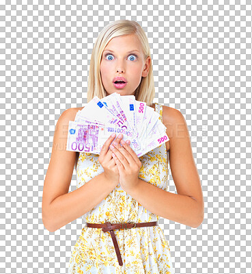 Buy stock photo Portrait, money and woman surprise with euros isolated on a transparent png background. Wow, winner and shocked person with cash after winning lottery, financial freedom and competition for wealth.