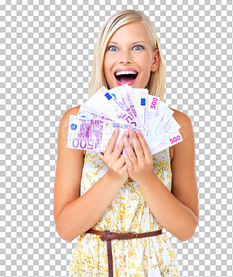 Winner, cash and lottery prize for woman surprised, excited and happy. Rich, euro and portrait of wealthy female with money for financial freedom isolated on a png background