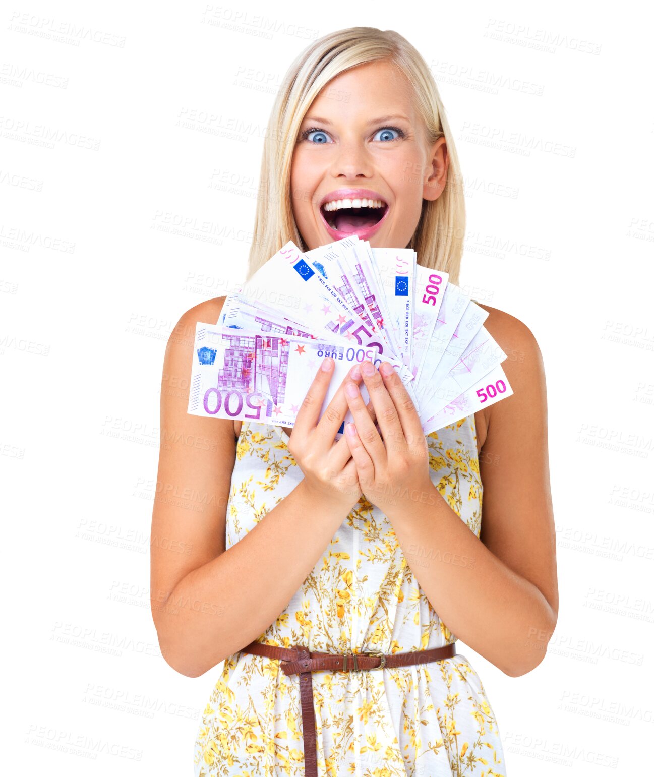 Buy stock photo Fan, money and portrait of woman isolated on transparent png background winning wealth, wow and financial success. Rich, lotto and happy person or winner investment with bonus, cashback or lottery