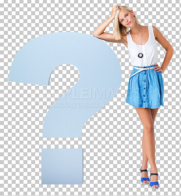 Buy stock photo Question mark, puzzled and portrait of woman in studio with thinking, pensive and contemplating expression. Confusion, wondering and full body of female model isolated on a transparent png background