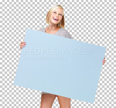 Buy stock photo Board, portrait and woman laughing with mockup isolated on transparent png background. Product placement, copy space and funny female person with poster for advertising, marketing banner or promotion