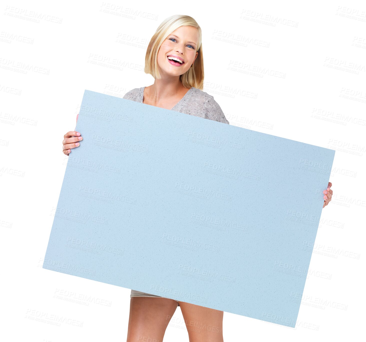 Buy stock photo Board, portrait and woman laughing with mockup isolated on transparent png background. Product placement, copy space and funny female person with poster for advertising, marketing banner or promotion