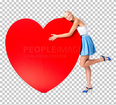 Buy stock photo Love, heart and PNG with a woman on valentines day isolated on a transparent background for romance. Emoji, shape and celebration with an attractive young female hugging a red cardboard cutout