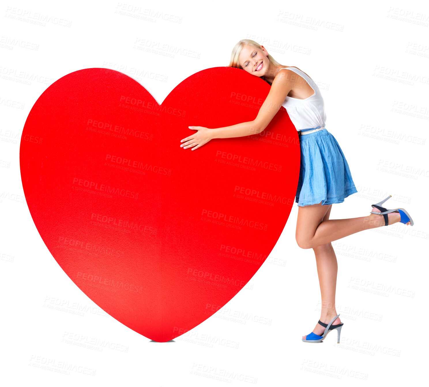 Buy stock photo Love, heart and PNG with a woman on valentines day isolated on a transparent background for romance. Emoji, shape and celebration with an attractive young female hugging a red cardboard cutout