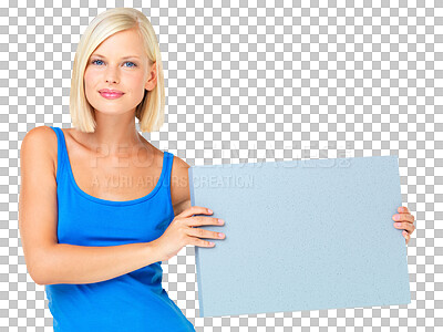 Buy stock photo Mockup, branding and portrait of woman with poster isolated on a transparent png background. Product placement, advertising and person with marketing banner for promotion, commercial or copy space.