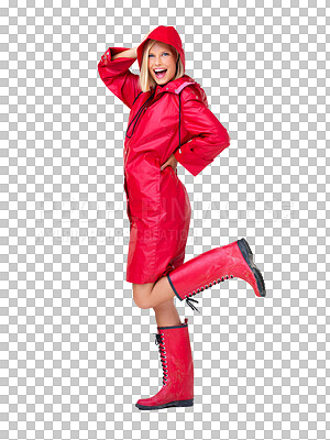 Winter, red raincoat and portrait of woman with smile, content and happy mindset. Fashion, weather and isolated full body of girl in style, trendy and creative clothes in isolated on a png background