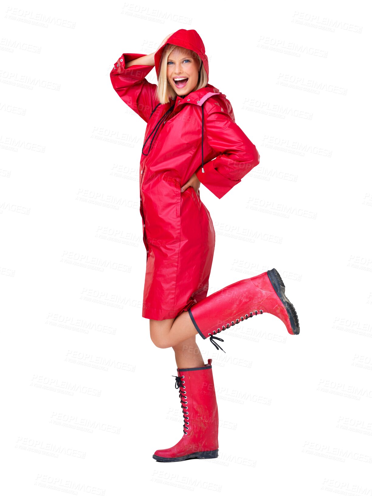 Buy stock photo Winter, red raincoat and portrait of woman with smile, content or happy mindset. Fashion, weather or full body of girl in style, trendy or creative clothes in isolated on a transparent png background