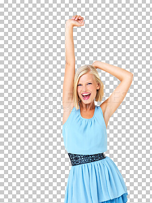 Buy stock photo Excited, laughing and energy with portrait of woman with celebration, motivation and fashion. Freedom, party and smile of a model girl with dance and isolated on a transparent, png background