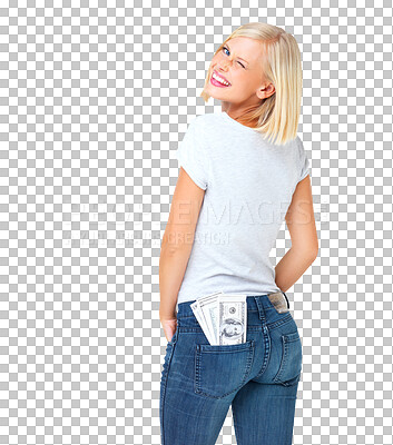 Buy stock photo Portrait, woman and cash in pocket, wink and casual female outfit. Face, lady and happy girl with money, finance or wealth with dollars, winning or backdrop isolated on a transparent png background