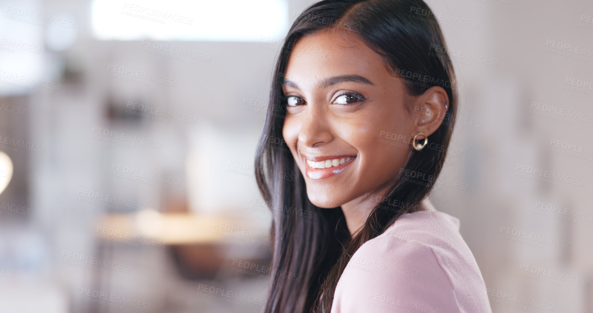 Buy stock photo Portrait, business woman and happy in office with smile from entrepreneur work and career confidence. Creative staff, female professional and employee at a company ready for working at a workplace