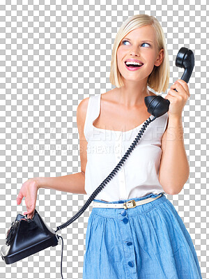 Buy stock photo Happy woman, telephone call and smile with communication or virtual chat isolated on a transparent png background. Happiness, retro technology and young female face on mockup with vintage connection