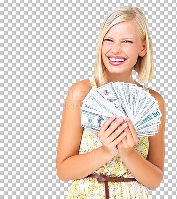 Buy stock photo Happy woman, winner and money or cash portrait with prize in hands isolated on a png, transparent background. Female excited with dollars for reward, loan and lottery competition win or bonus profit
