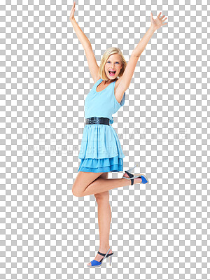 Buy stock photo Excited, wow and energy with portrait of woman with celebration, motivation and success. Freedom, comic and smile of a young female model with happiness and isolated on transparent, png background