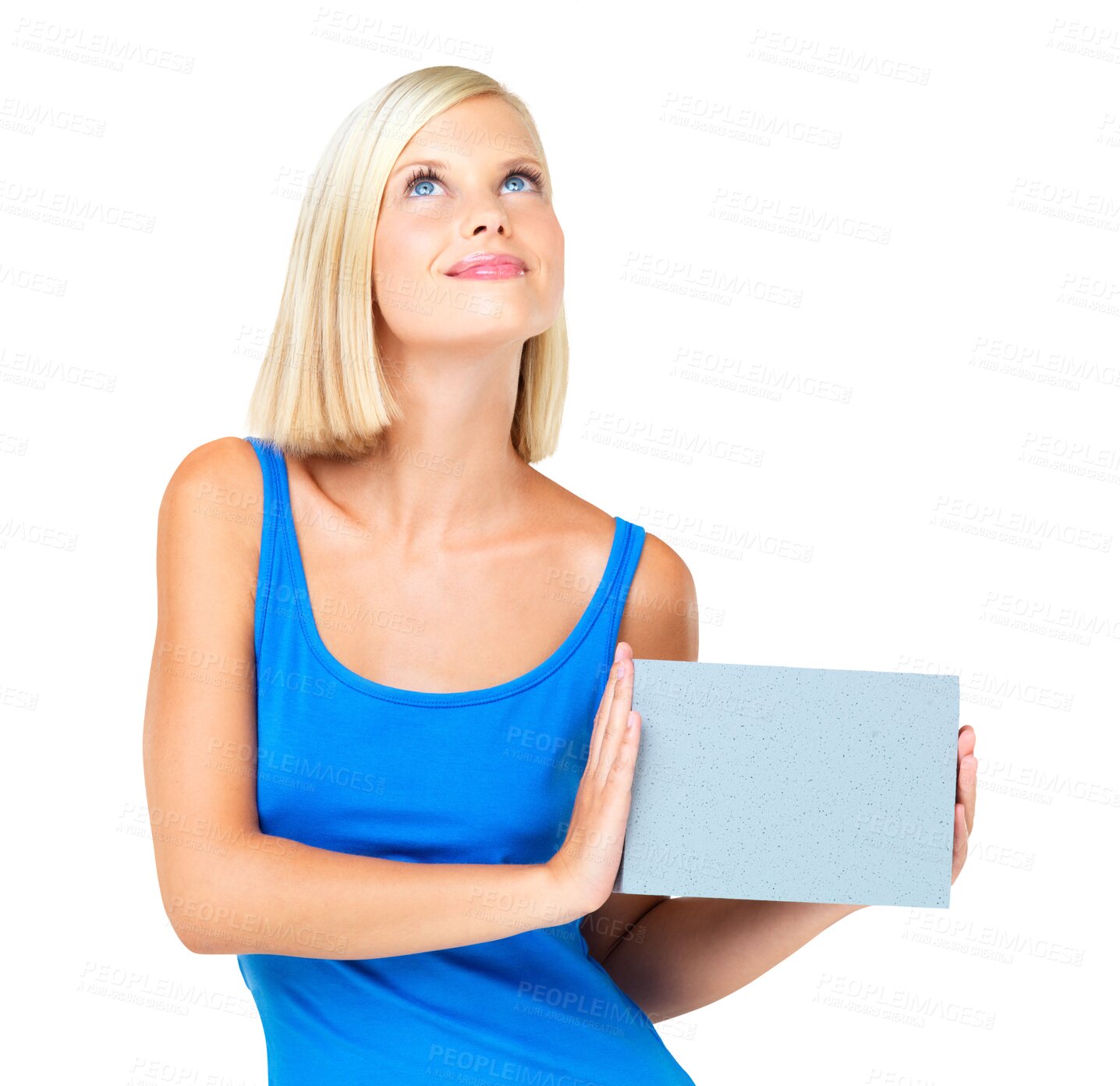 Buy stock photo Mockup, thinking and woman with poster for branding isolated on a transparent png background. Product placement, advertising banner and person with marketing idea for promotion, commercial or space.